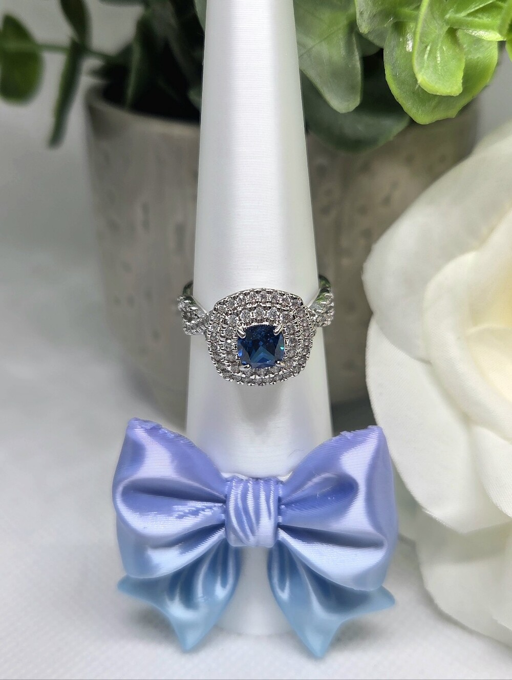 BP Blue Cushion-Cut Halo Ring On Rhodium Plating